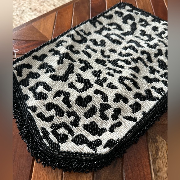 Anthropologie Black & White Beaded Leopard Clutch with Pink Tassel - Picture 6 of 13